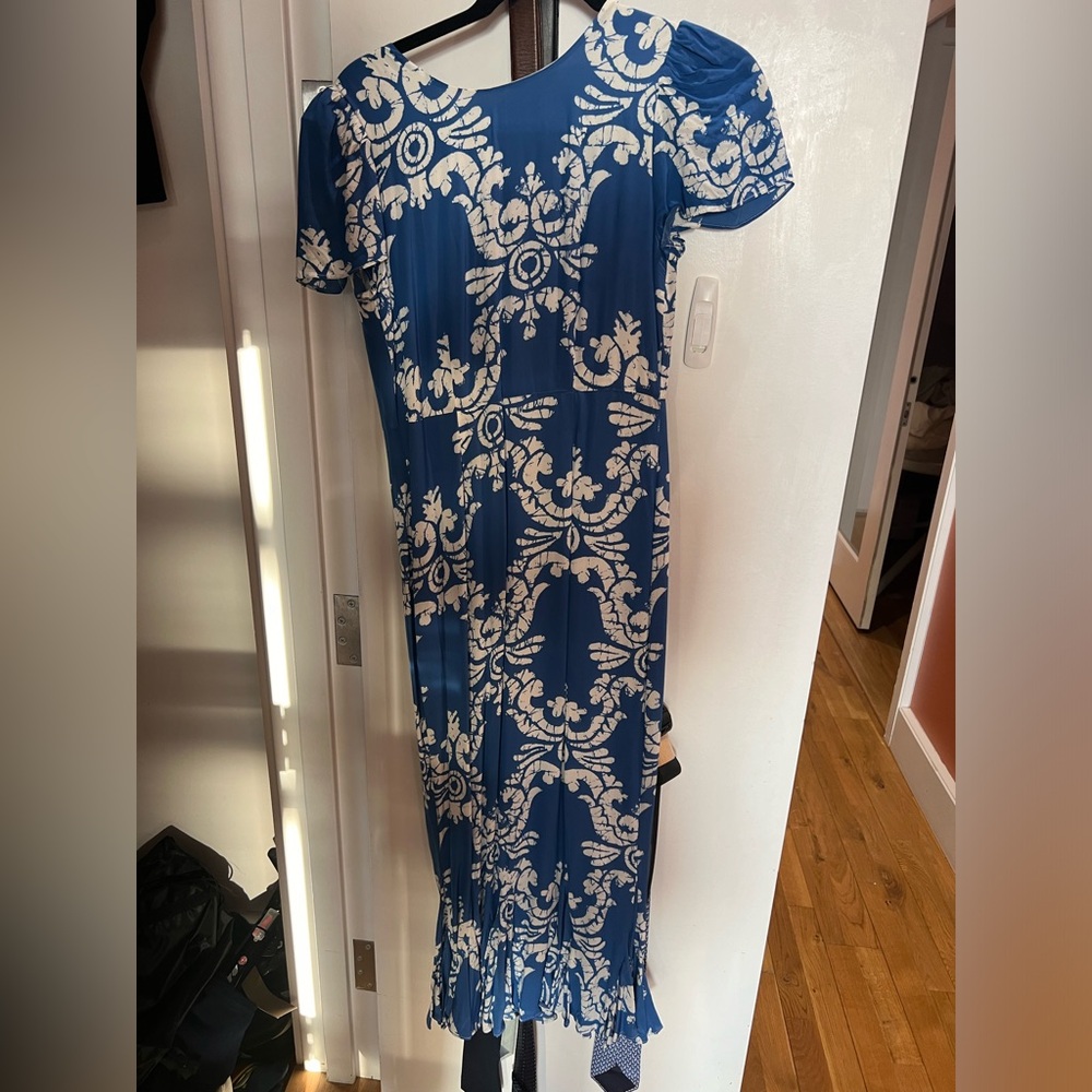 RHODE Blue and White Ruffled Puff Sleeve Midi Dress